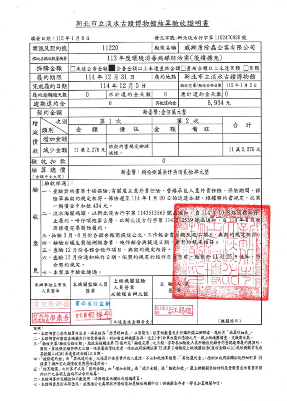 新北市立淡水古蹟博物館結算驗收證明書